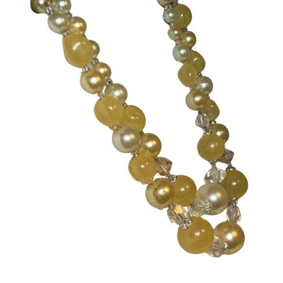 Japan Yellow Crackle Beaded Graduated Faux Pearl 2 Tier Silver Tone Necklace 16” - Picture 9 of 14